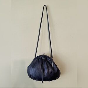 Vintage Carriage Court Black Leather Round Drawstring Front Design Crossbody Bag